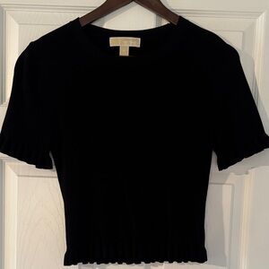 Michael Kors Black Short Sleeve Ruffle-Trim Knit Top